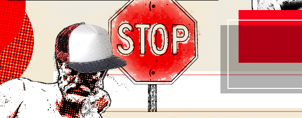 Background with statue that has a hat and a stop sign.