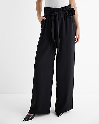 high waisted rosette belted paperbag wide leg pant