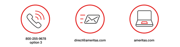 Image containing a phone, envelope and computer providing the Ameritas Direct 800 phone number, email address and website address 