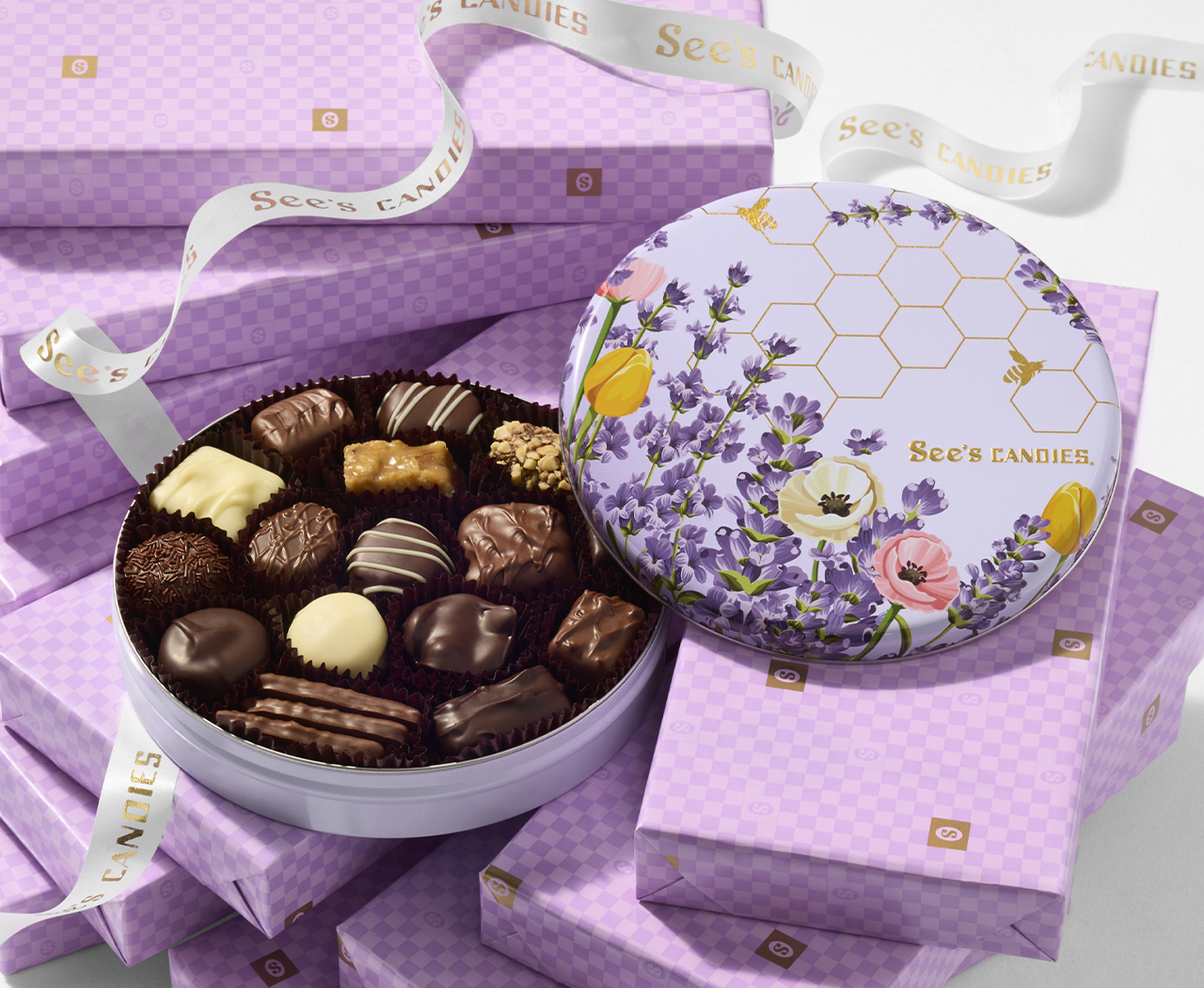 Garden Delights Keepsake Tin and Lavender-Wrapped Boxes of Chocolates