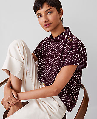 Striped Shoulder Button Mock Neck Top