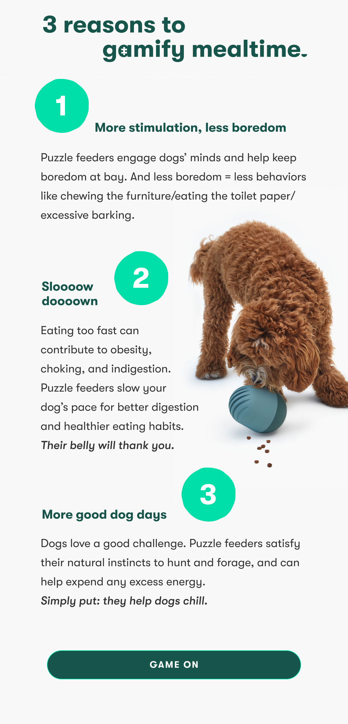 3 reasons to gamify mealtime. 1. More stimulation, less boredom. Puzzle feeders engage dog's minds and help keep boredom at bay. And less boredom = less bahaviors like chewing the furniture/eating the toilet paper/excessive barking. 2. Slooowwww dooowwwnn. Eating too fast can contribute to obesity, choking, and indigestion. Puzzle feeders slow your dog's pace for better digestion and healthier eating habits. Their belly will thank you. 3. More good dog day. Dogs love a good challend. Puzzle feeders satisfy their natural instincts to hunt and forage, and can help expend any excess energy. Simply put: they help dogs chill. Game on.