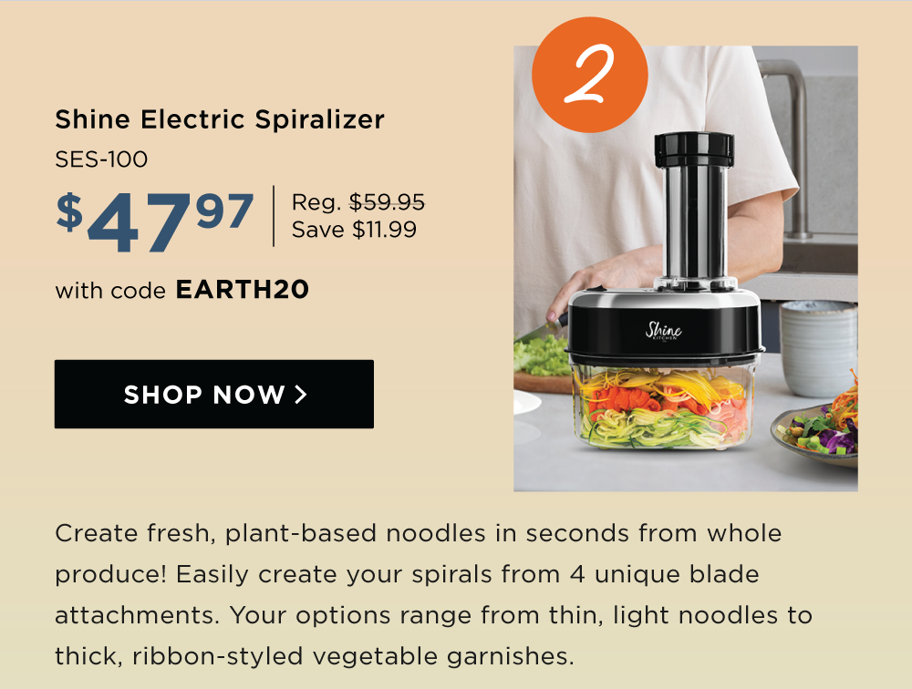 Shine Electric Spiralizer - Create fresh, plant-based noodles in seconds from whole produce! Easily create your spirals from 4 unique blade attachments. Your options range from thin, light noodles to thick, ribbon-styled vegetable garnishes. 