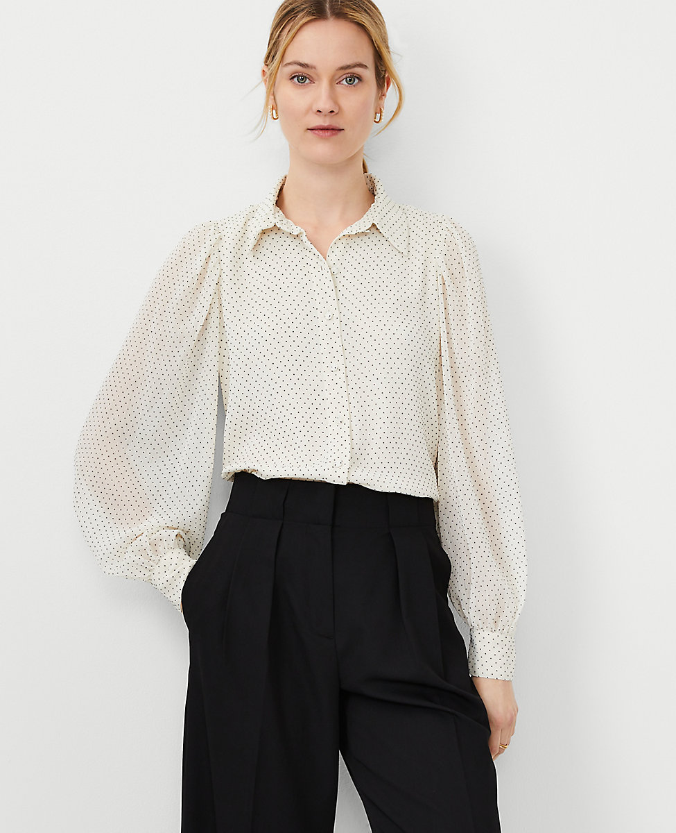 Flocked Dot Collared Puff Sleeve Shirt