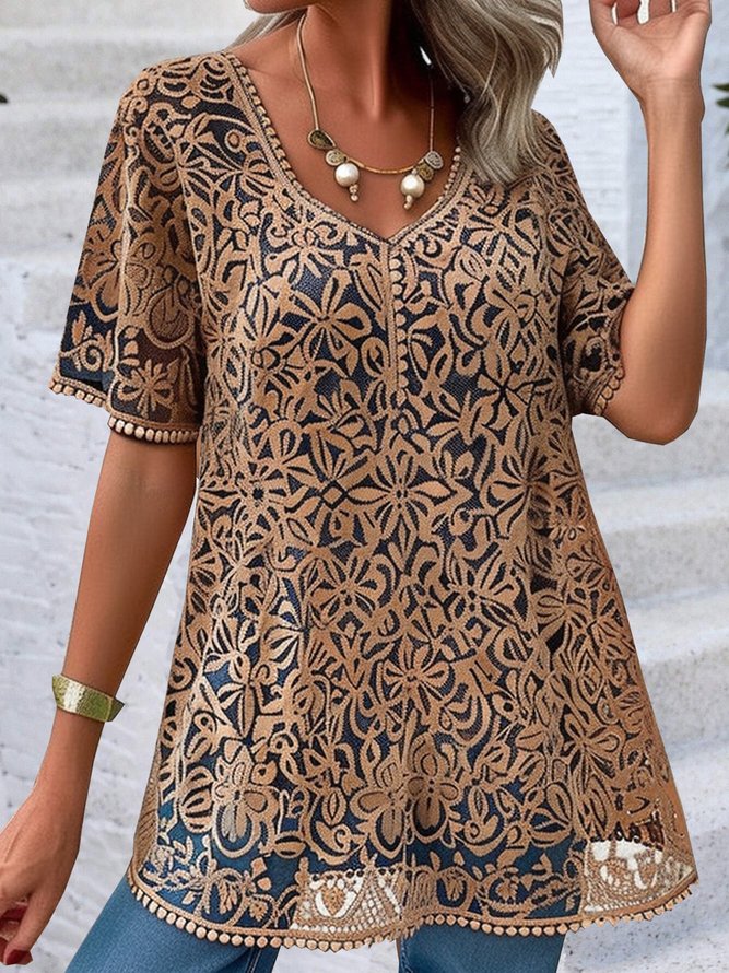 V Neck Short Sleeve Plain Lace Regular Loose Shirt For Women