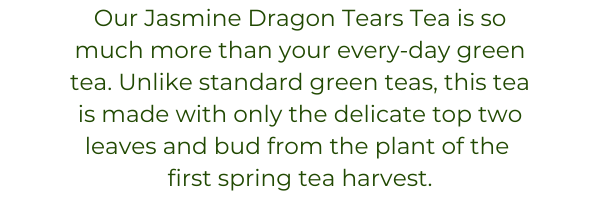 Our Jasmine Dragon Tears Tea is so much more than your every-day green tea. Unlike standard green teas, this tea is made with only the delicate top two leaves and bud from the plant of the   first spring tea harvest. 