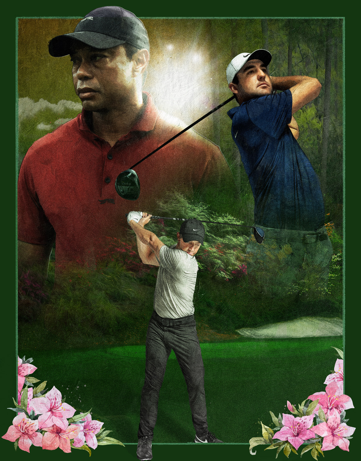 Tiger Woods, Scottie Scheffler and Rory Mcilroy drawn on a green background at Augusta, surrounded by pink azalea flowers