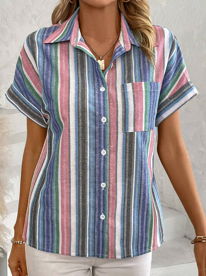 Shirt Collar Short Sleeve Striped Regular Loose Blouse For Women