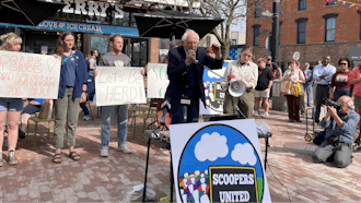 U.S. Sen. Bernie Sanders, I-Vt., at a news conference outside a Ben & Jerry's shop, Burlington, Vt., , April 28, 2023.