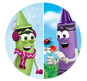 Green crayon character smiling and wearing earmuffs and scarf next to purple crayon character smiling and holding flowers