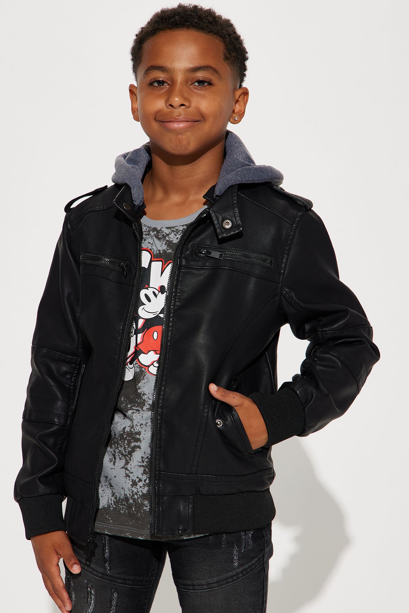 Image of Mini PU Moto Hooded Jacket With Sherpa Lining - Black