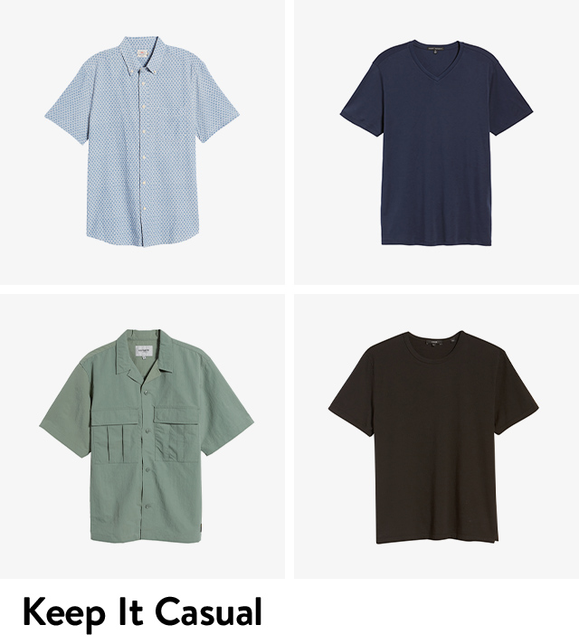 Patterned casual button-up shirt; navy blue V-neck T-shirt; black crewneck T-shirt; light green camp shirt.