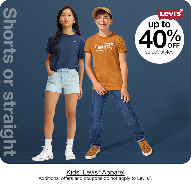 up to 40% off select styles Kids' Levis Apparel. Additional offers and coupons do not apply to Levi's