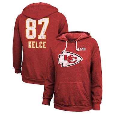  Majestic Threads Travis Kelce Red  Super Bowl LVIII Player Name & Number Tri-Blend Pullover Hoodie