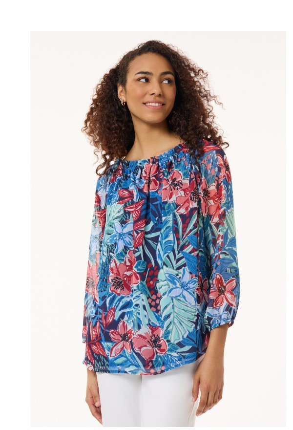 Floral Smocked High Neckline Blouse