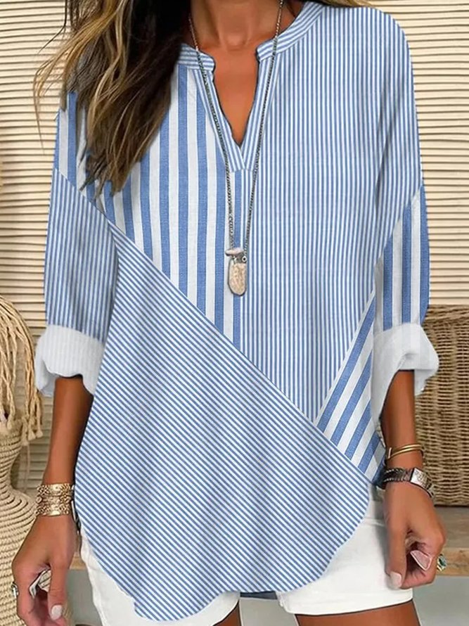 Notched Long Sleeve Striped Regular Loose Shirt For Women