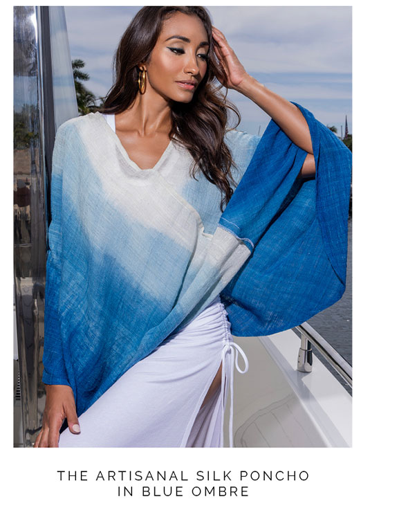 Artisanal Silk Poncho in Blue Ombre