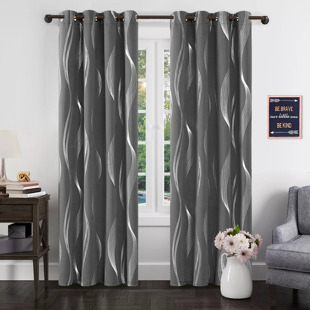 Silver Wave Striped Pattern Thermal Insulated Blackout Curtains | 2 Panels