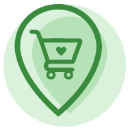 Green shopping cart icon with a heart in the middle of it