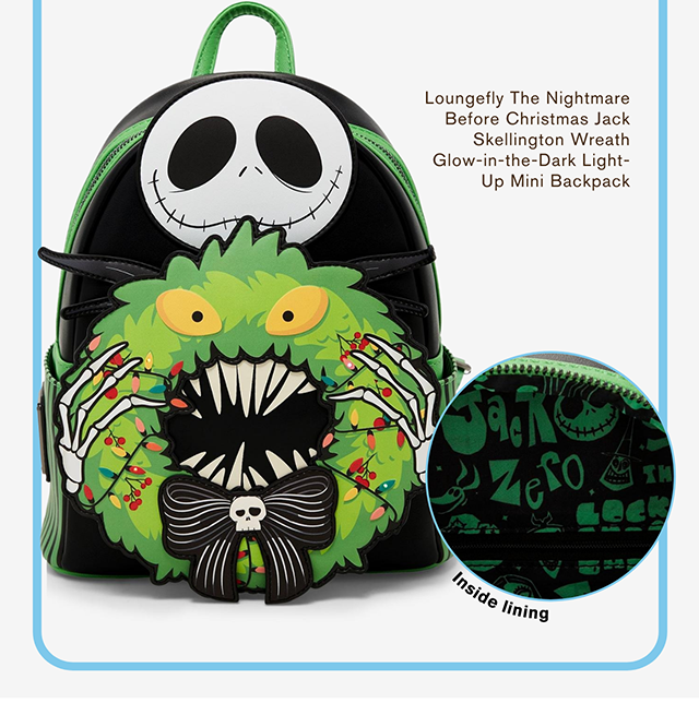 Loungefly The Nightmare Before Christmas Jack Skellington Wreath Glow-in-the-Dark Light-Up Mini Backpack