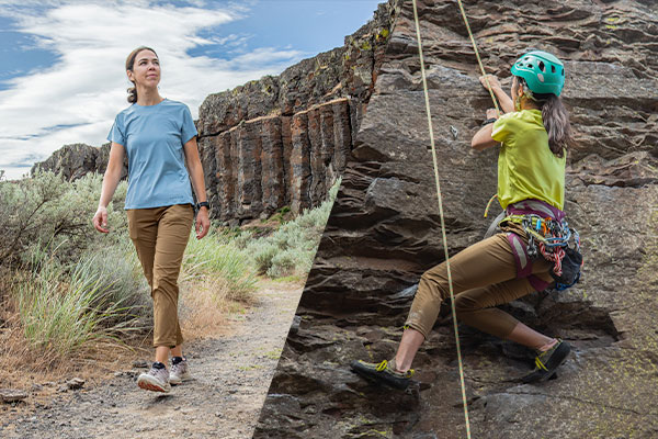 Split image of the same woman. Left side image is walking on a high desert trail wearing the Feathers Tech-T and the Tinkham Pant. Right side is her rock climbing.