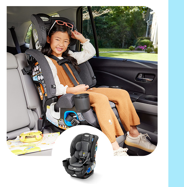 Young girl smiling in car seat with a cup holder and a smaller image of the car seat model beside her