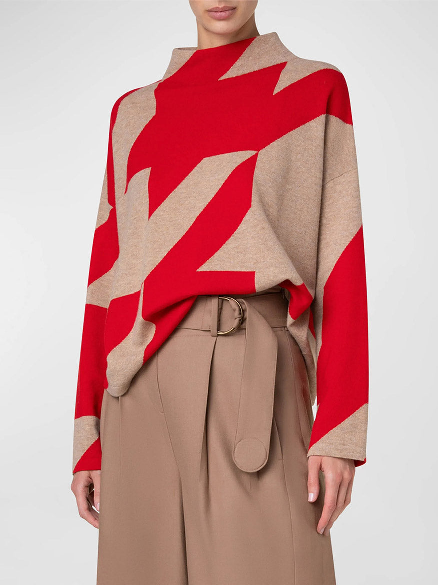 Image of Akris Punto XL Houndstooth Wool/Cashmere Mockneck in Lipstick/Caramel