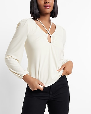 matte jersey long sleeve strappy keyhole top