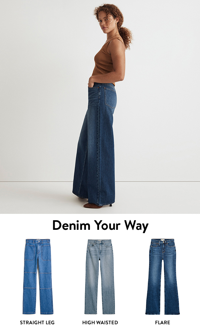 A woman wears dark-wash wide-leg jeans. Three pairs of jeans from Madewell. 