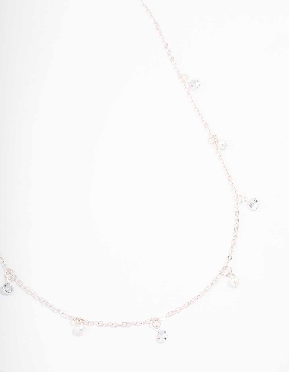 Image of Silver Diamante & Pearl Drop Station Necklace