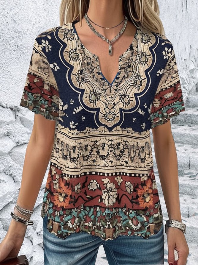 Notched Short Sleeve Ethnic Regular Micro-Elasticity Loose Shirt For Women