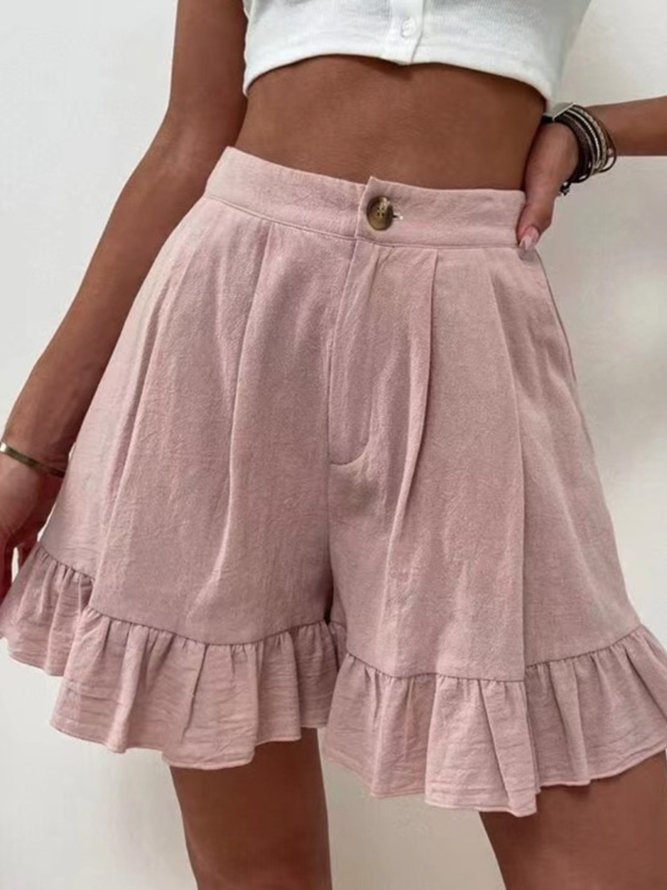 Women Summer Cotton Casual Plain Natural Ruffled Shorts