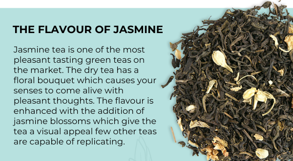 April's Featured Tea. Jasmine with Flowers Green Tea. Save 15% Throughout April.