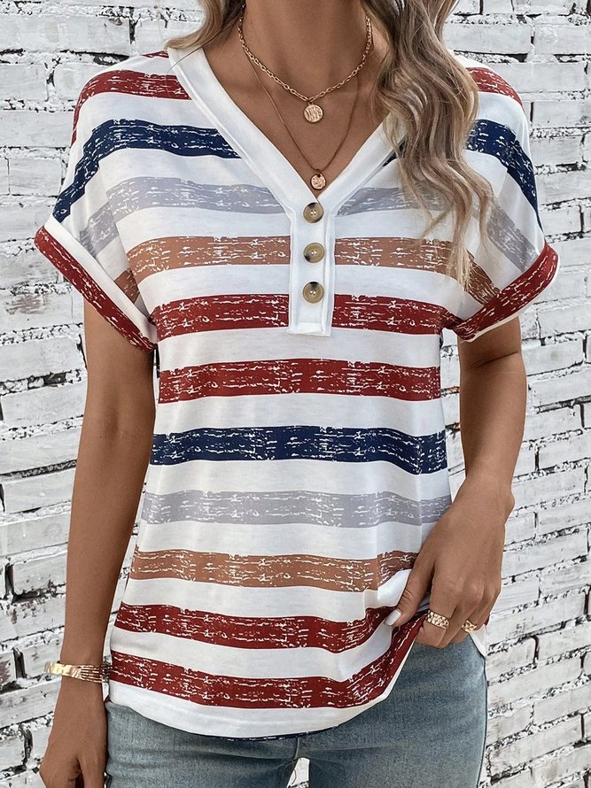 V Neck Short Sleeve Striped Buckle Regular Loose Shirt For Women