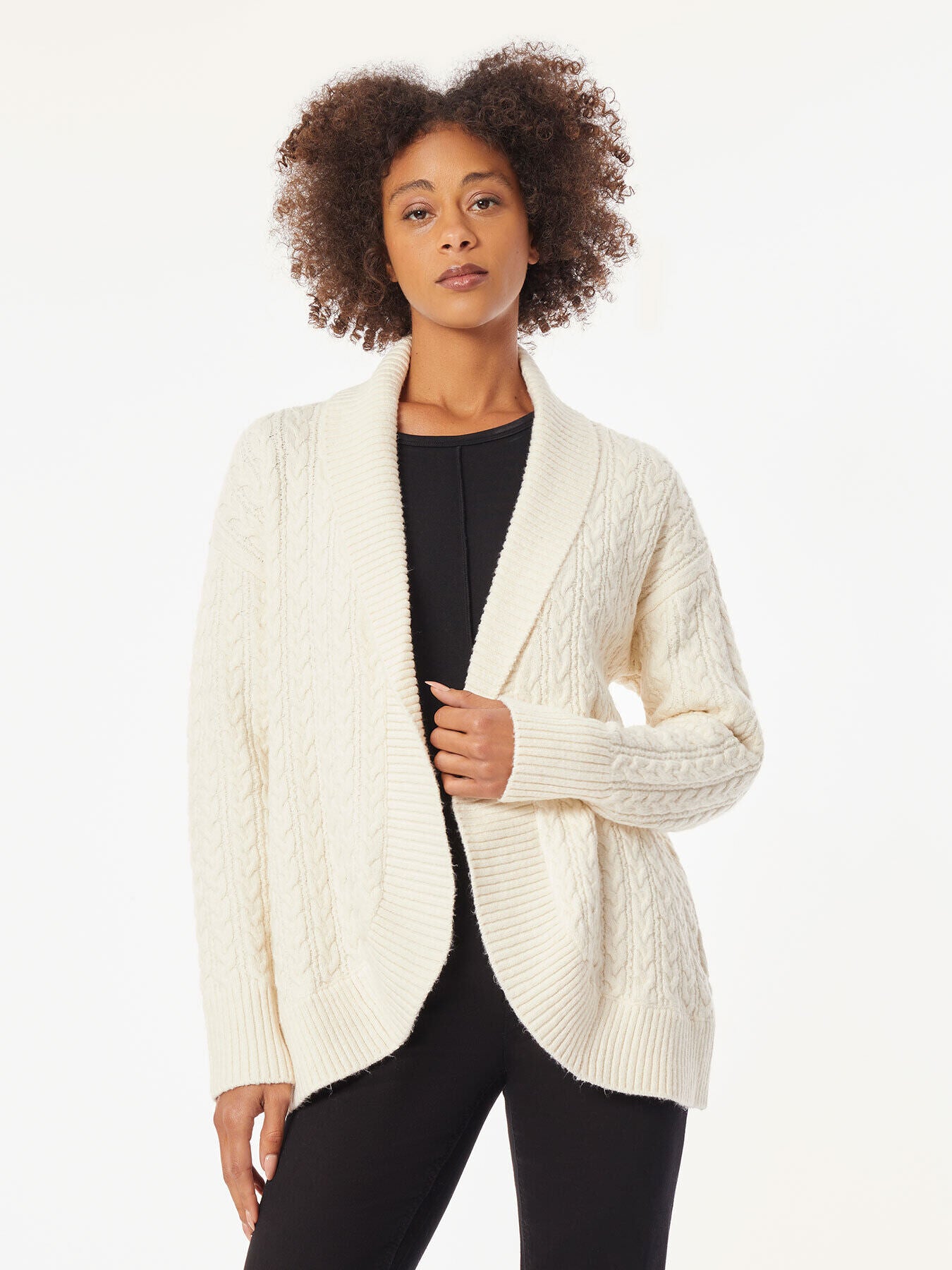 Image of Shawl Collar Rounded Hem Cable Knit Cardigan