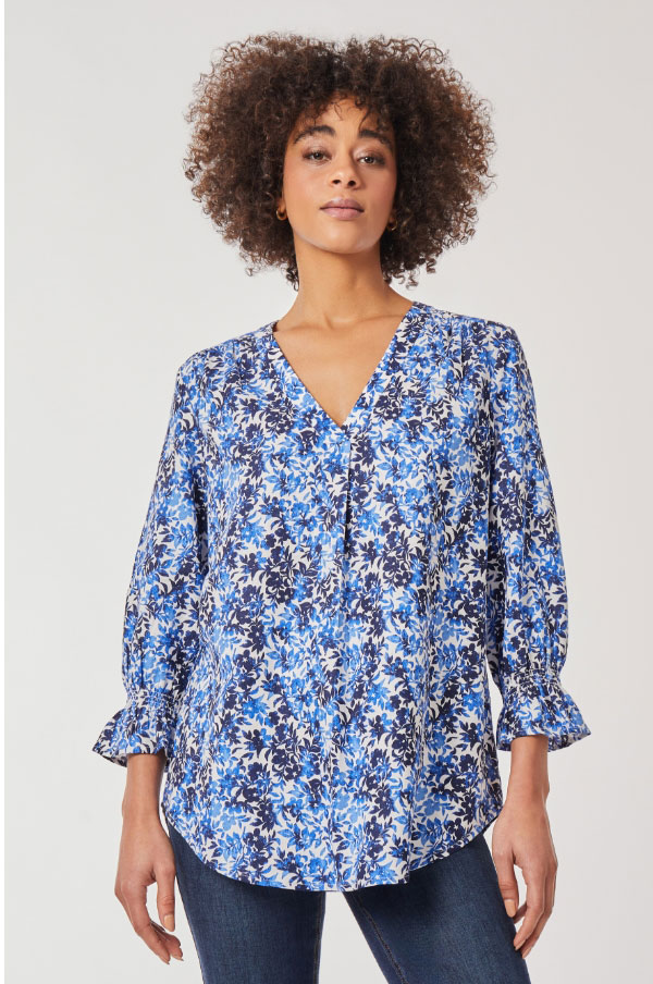 Printed Smocked Sleeve Pleat Front Tunic