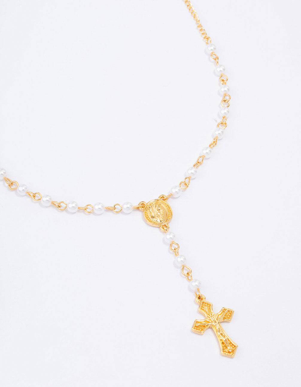 Image of Gold Plated Pearl Cross Y-Shaped Pendant Necklace