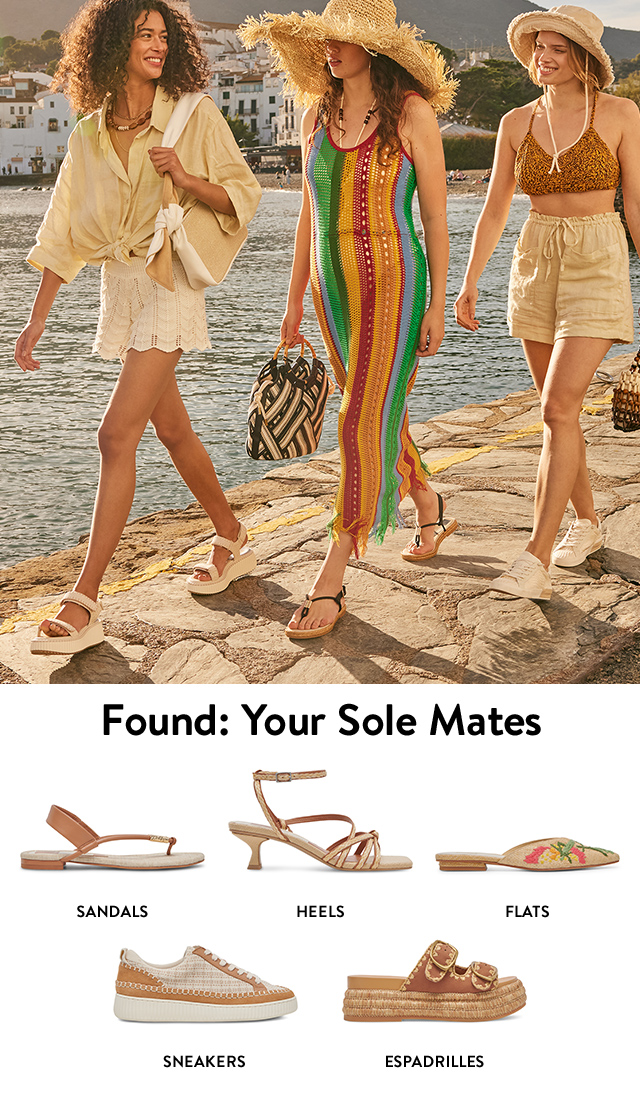 Women wearing spring shoes on the beach. Strappy sandal, kitten-heel sandal, woven flat, platform sneaker and espadrille sandal.