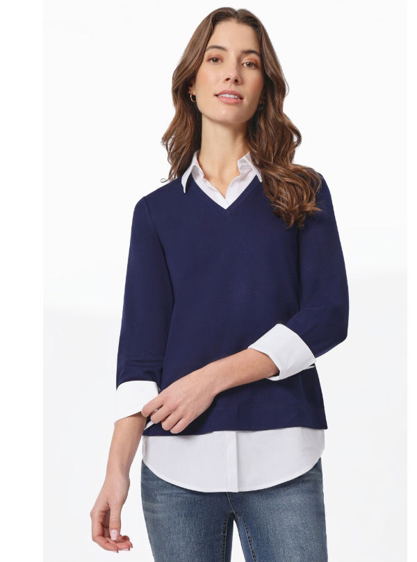 Solid V-Neck Knit Combo Top