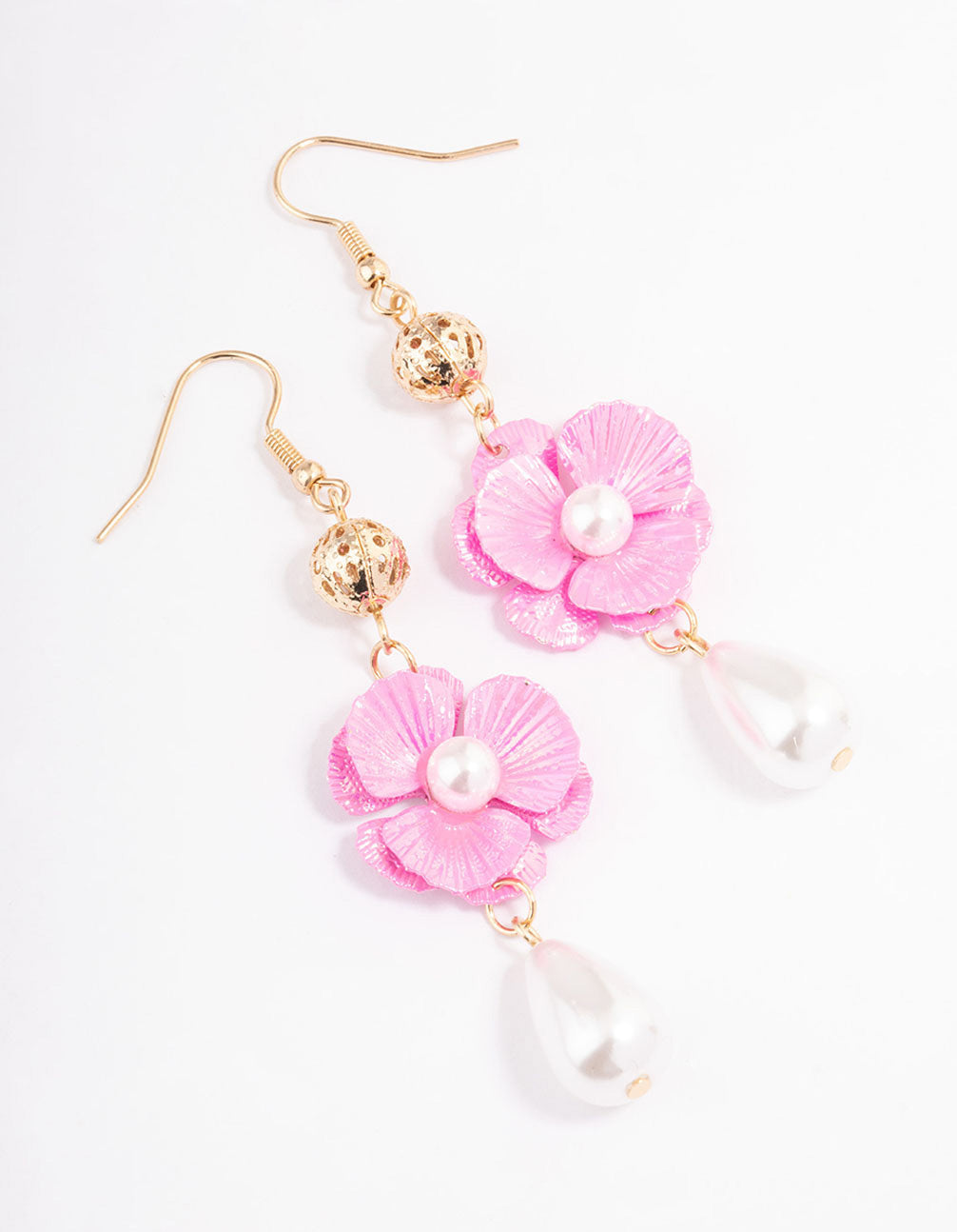 Image of Pink Crinkle Flower & Pearl Drop Earrings