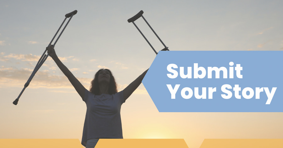 Submit Your Story; woman standing outdoors at sunset - her arms are raised, with a crutch in each hand