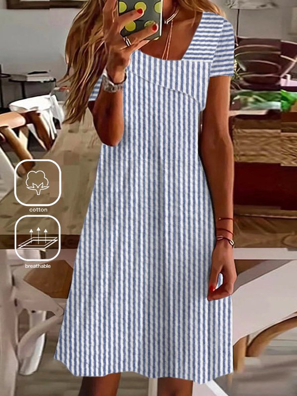 Women Striped Asymmetrical Short Sleeve Comfy Casual Short Dress