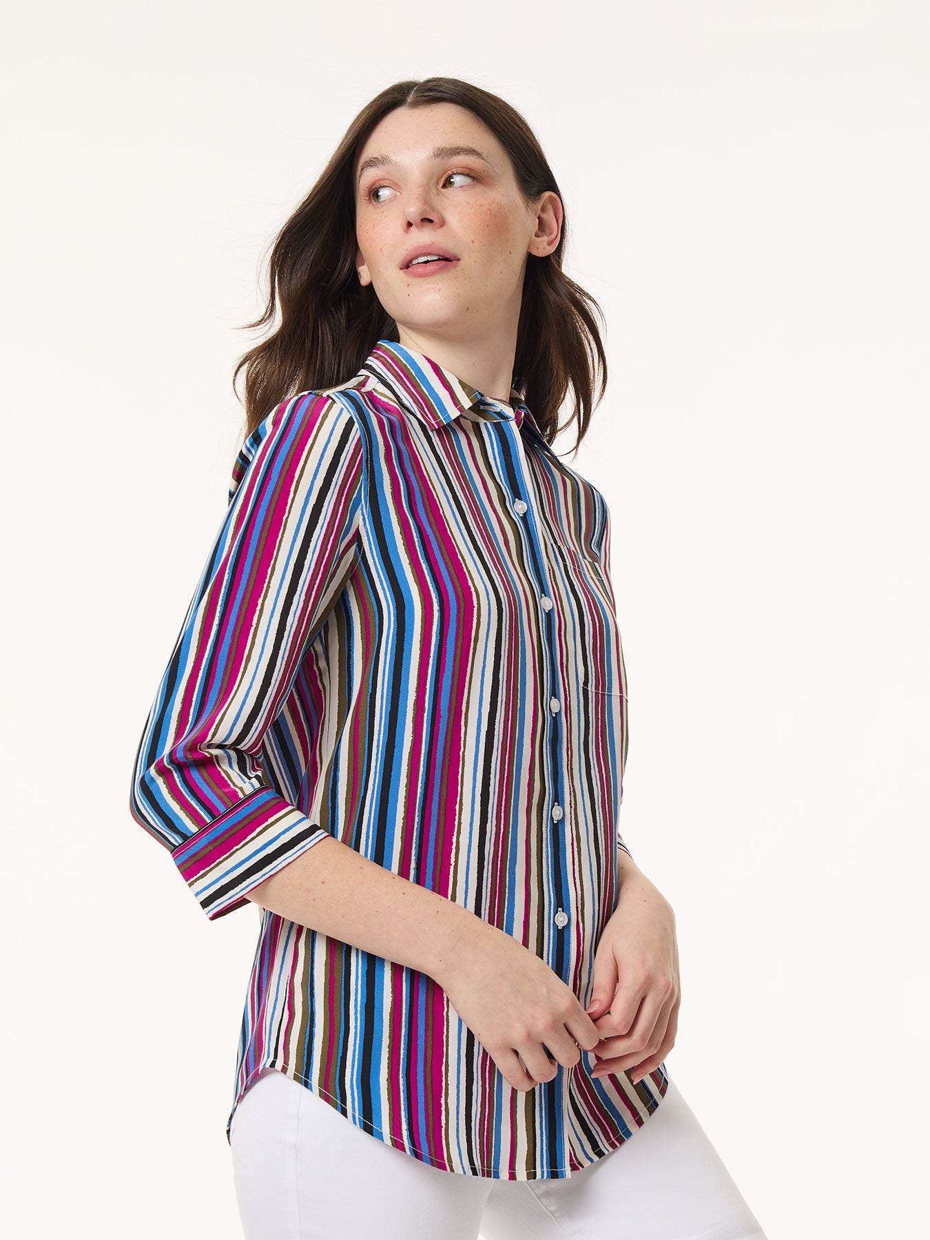 Striped Button Front Shirt, Crepe de Chine