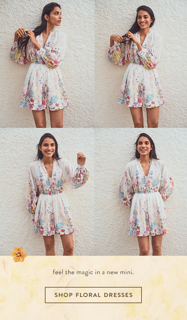 Woman wearing floral dress. Shop floral dresses.