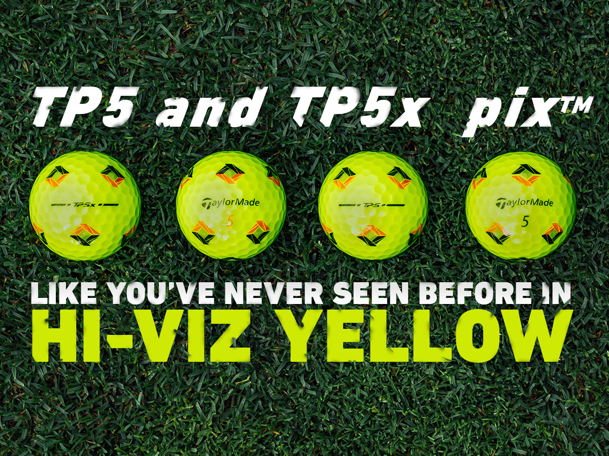 TPSx and TP5 Pix Yellow Golf Balls lined up on grass, with 'TP5 and TP5x Pix Like You've Never Seen Before in Hi-Viz Yellow' in text over the photo