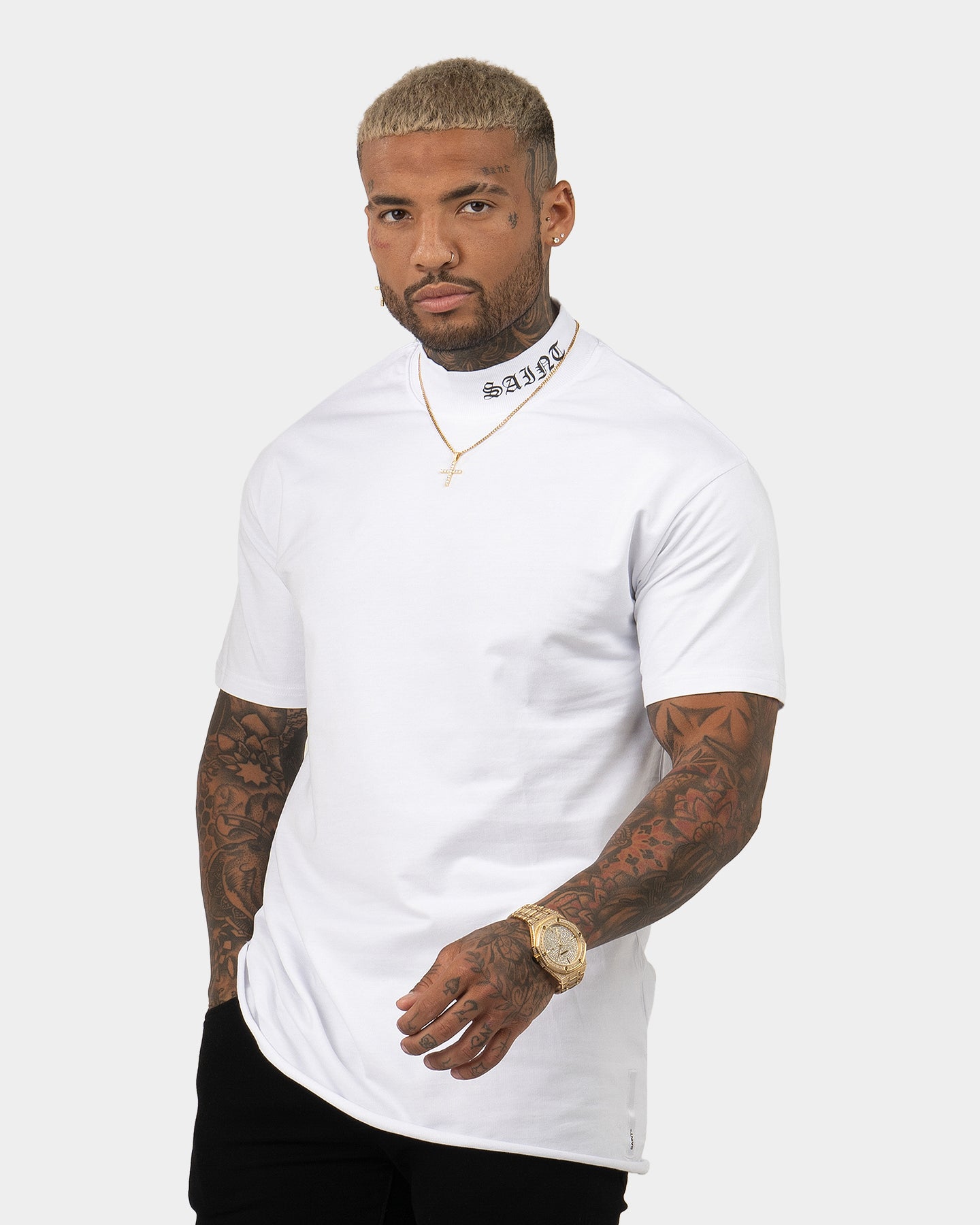 Image of Saint Morta Old English Mock Neck T-Shirt White/Black