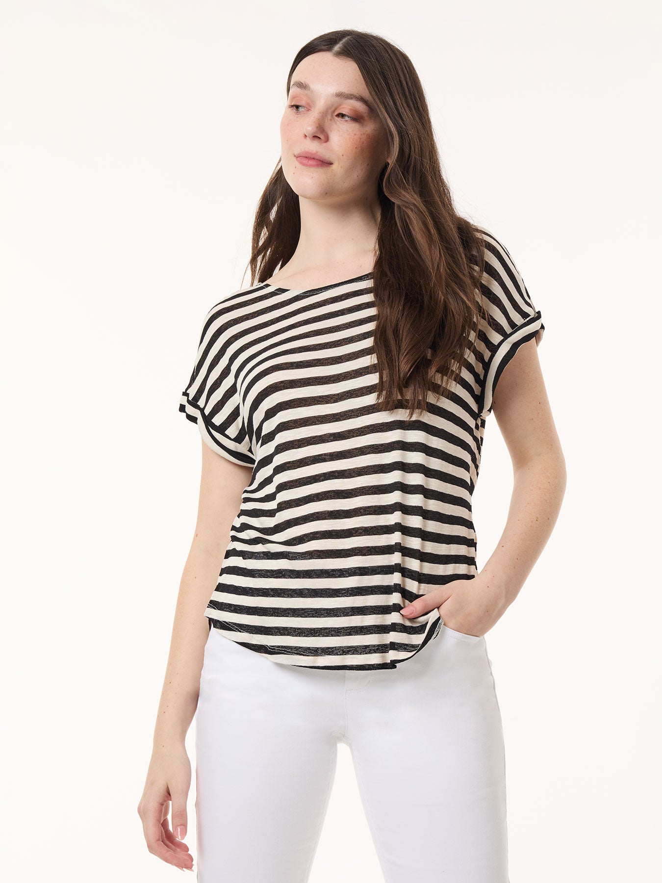 Image of Drop Shoulder Jewel Neck Top, Striped Knit