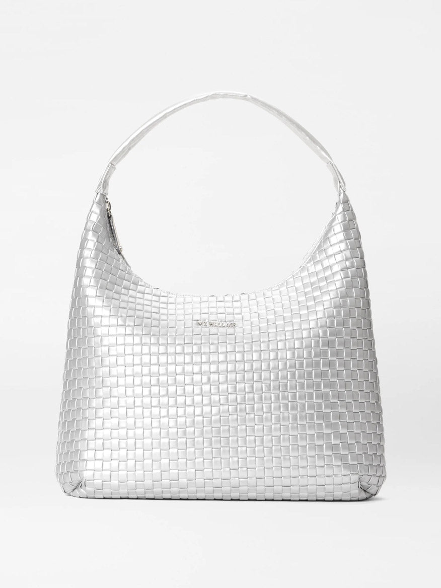 Image of MZ Wallace Large Woven Shoulder Bag in Matte Silver Oxford