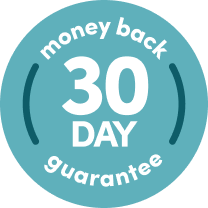 Blue icon of money back 30-day guarantee included