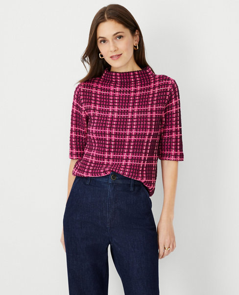 Shimmer Plaid Mock Neck Sweater